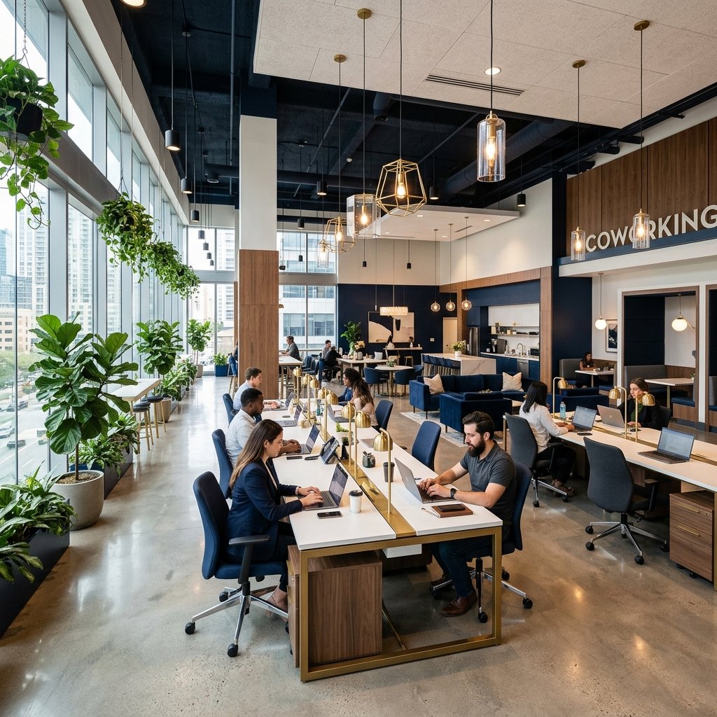 Premium coworking space interior with modern furniture and natural light