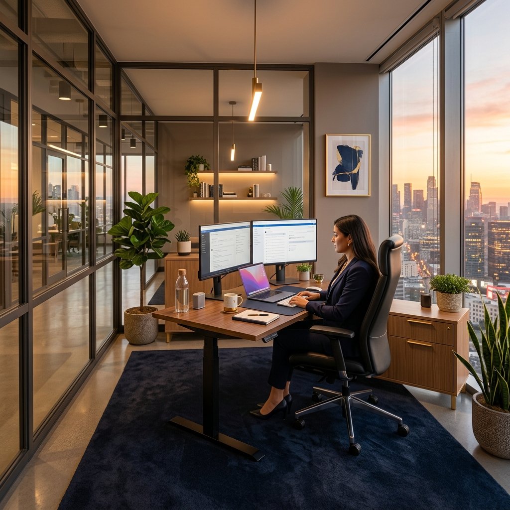 Luxury private office with ergonomic setup and city view